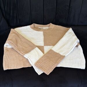 Jessica Simpson Tan and Cream Crew Neck Sweater with Geometric Design
